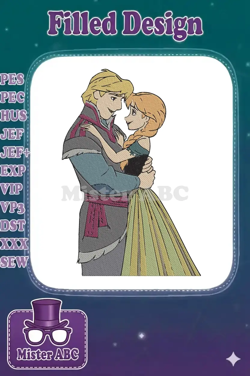 A beautiful embroidery design depicting Kristoff and Anna from Frozen, embracing warmly with intricate details.