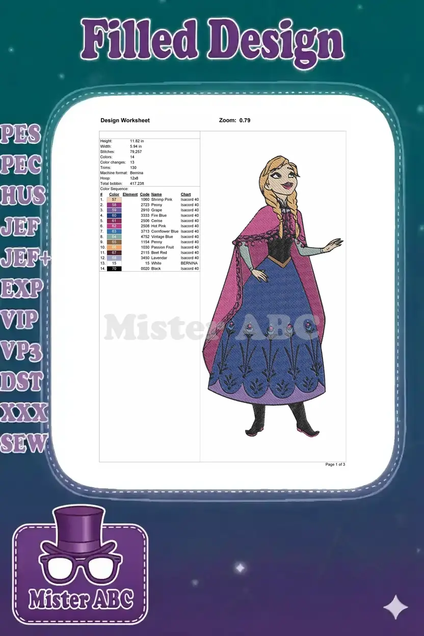 Embroidery design worksheet for Anna, displaying dimensions, stitch count, color chart, and thread details.
