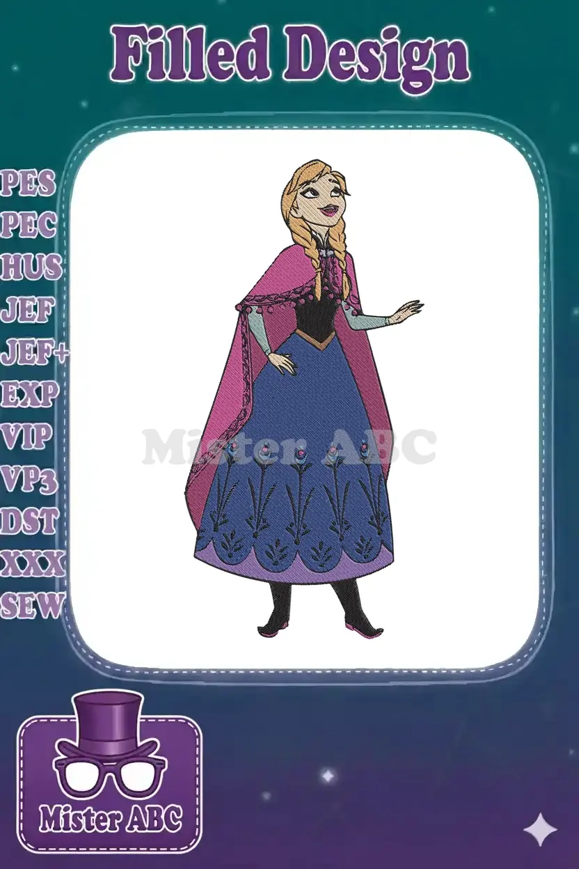 A vibrant embroidery design of Princess Anna from Frozen, featuring her iconic cape and dress with intricate details.