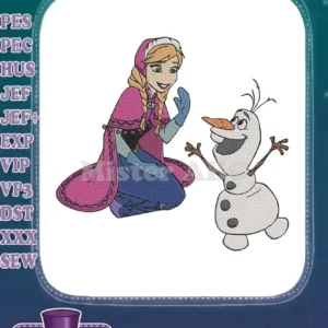 Vibrant embroidery design of Princess Anna kneeling and smiling at a joyful Olaf, from Disney's Frozen.
