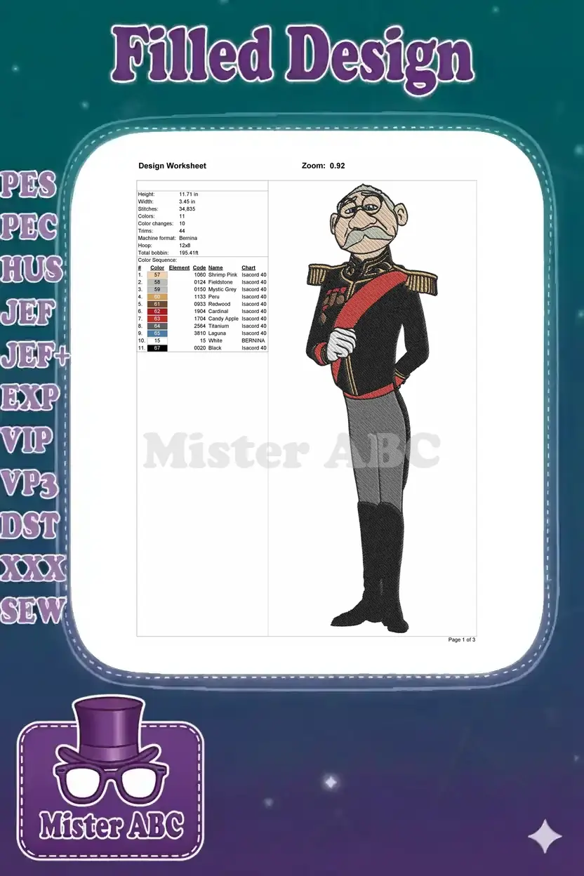 Embroidery design worksheet for the Duke of Weselton, showing dimensions, stitch count, colors, and machine info.