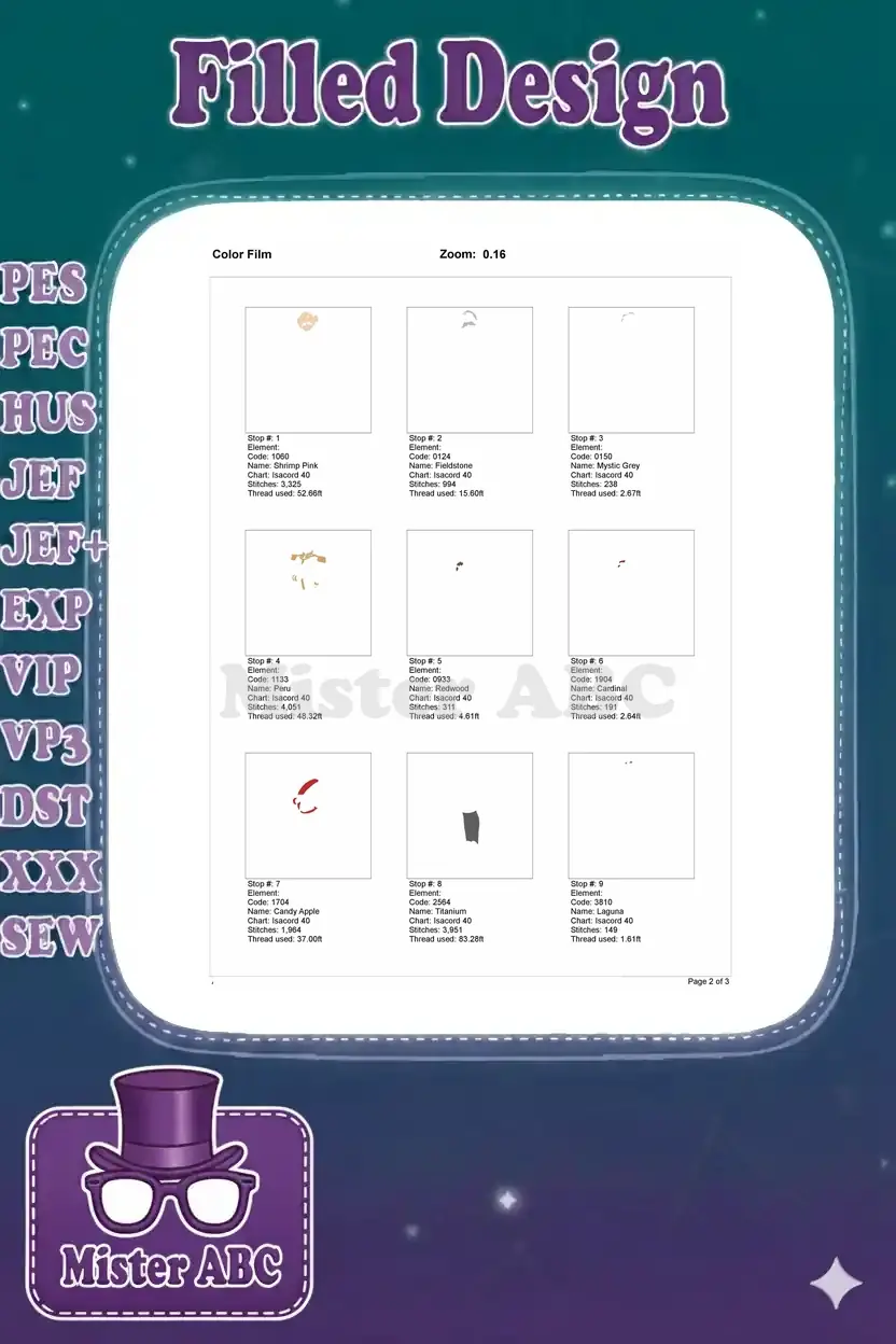 Color film page one, illustrating the first nine color stops, stitch counts, and thread usage for the design.