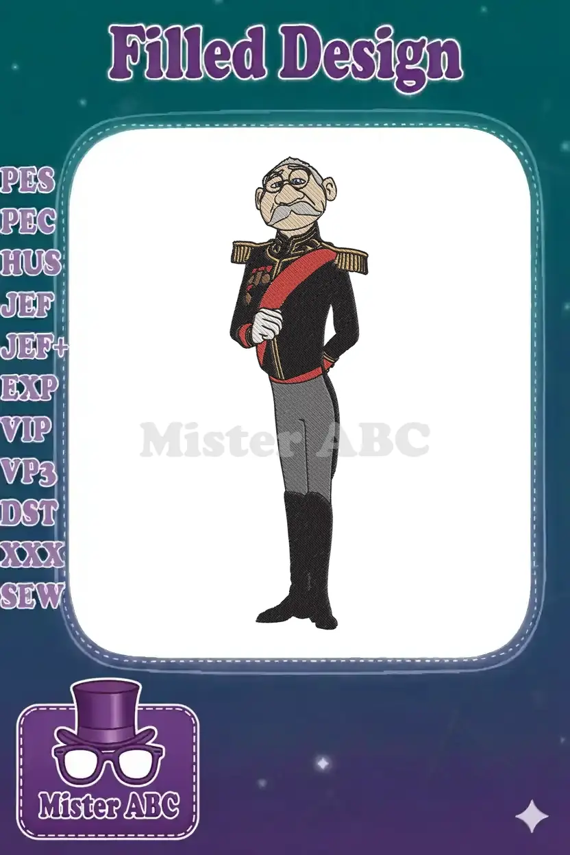 Full-body embroidery design of the Duke of Weselton from Frozen, featuring his detailed black and red uniform.