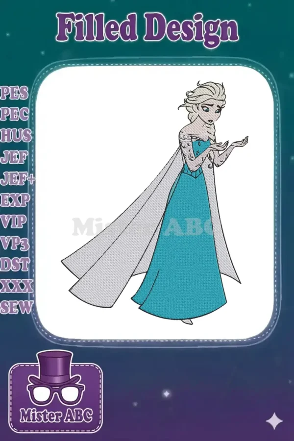 Elsa from Frozen, rendered in beautiful embroidery, stands gracefully with her hands open, showcasing intricate stitching.