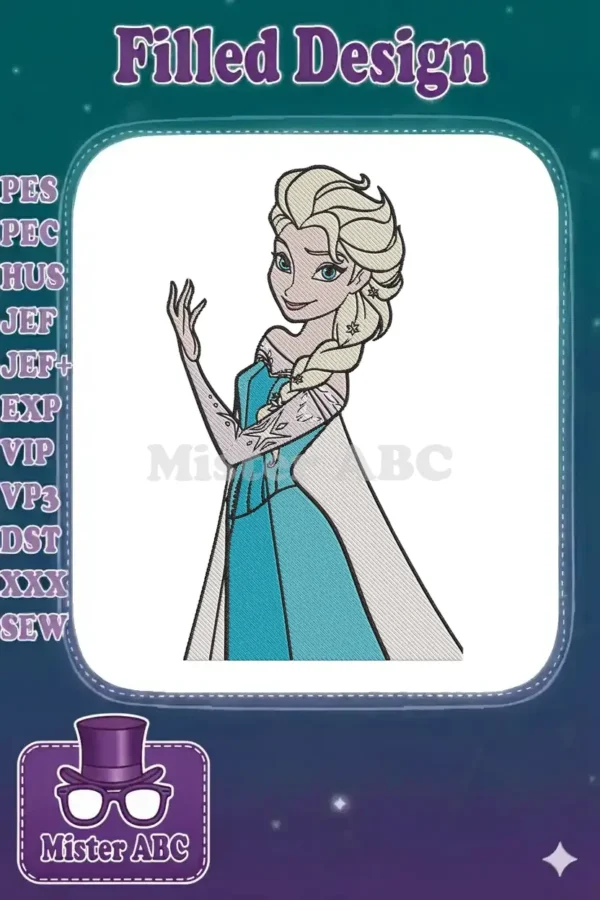 Elsa from Disney's Frozen, an embroidery design in her iconic blue dress with flowing cape and braided hair.