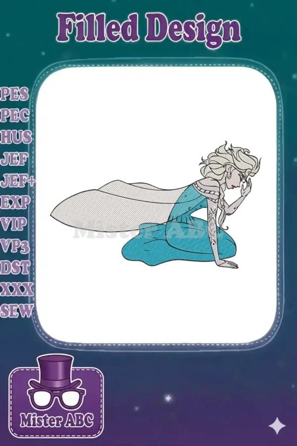 Elsa from Frozen embroidery design, kneeling with hand to head, depicting a moment of deep emotion and thought.