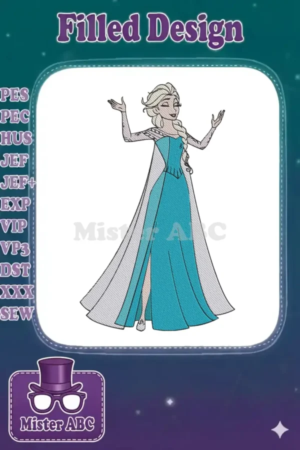 Full body machine embroidery design of Elsa from Disney's Frozen, in her elegant blue dress with cape.