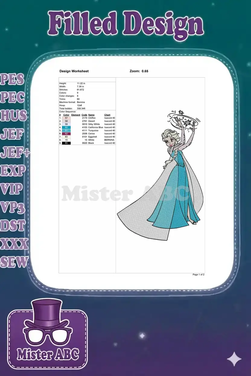 Embroidery design worksheet for Elsa, detailing dimensions, stitch count, color sequence, and machine info.