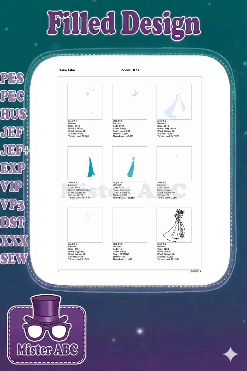 Color film breakdown for the Elsa embroidery design, showing each color stop and thread usage.
