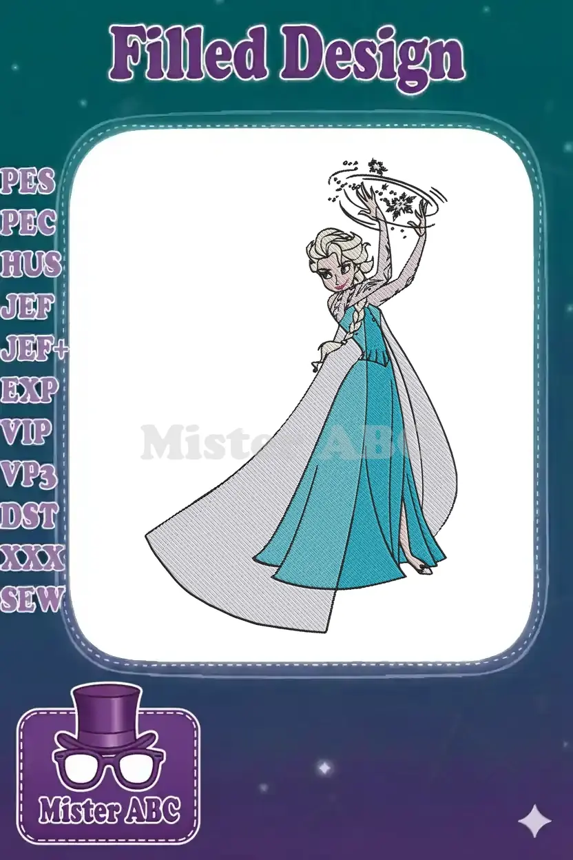 Detailed embroidery design of Elsa from Disney's Frozen, casting ice magic, with flowing blue dress and cape.