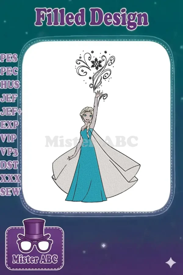 Elsa from Frozen embroidery design, gracefully creating ice magic with a raised hand and flowing blue dress.