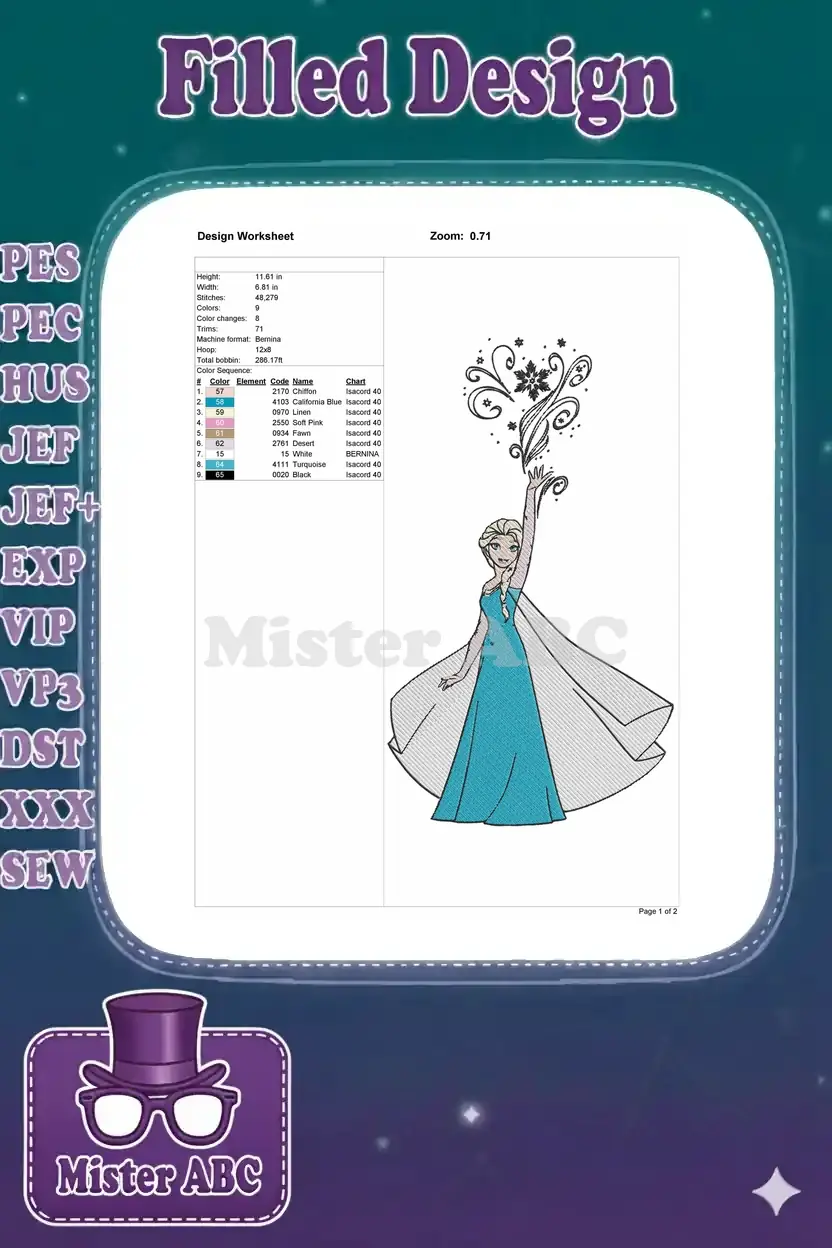 Embroidery design worksheet for Elsa, showing dimensions, stitch count, color sequence, and machine info.