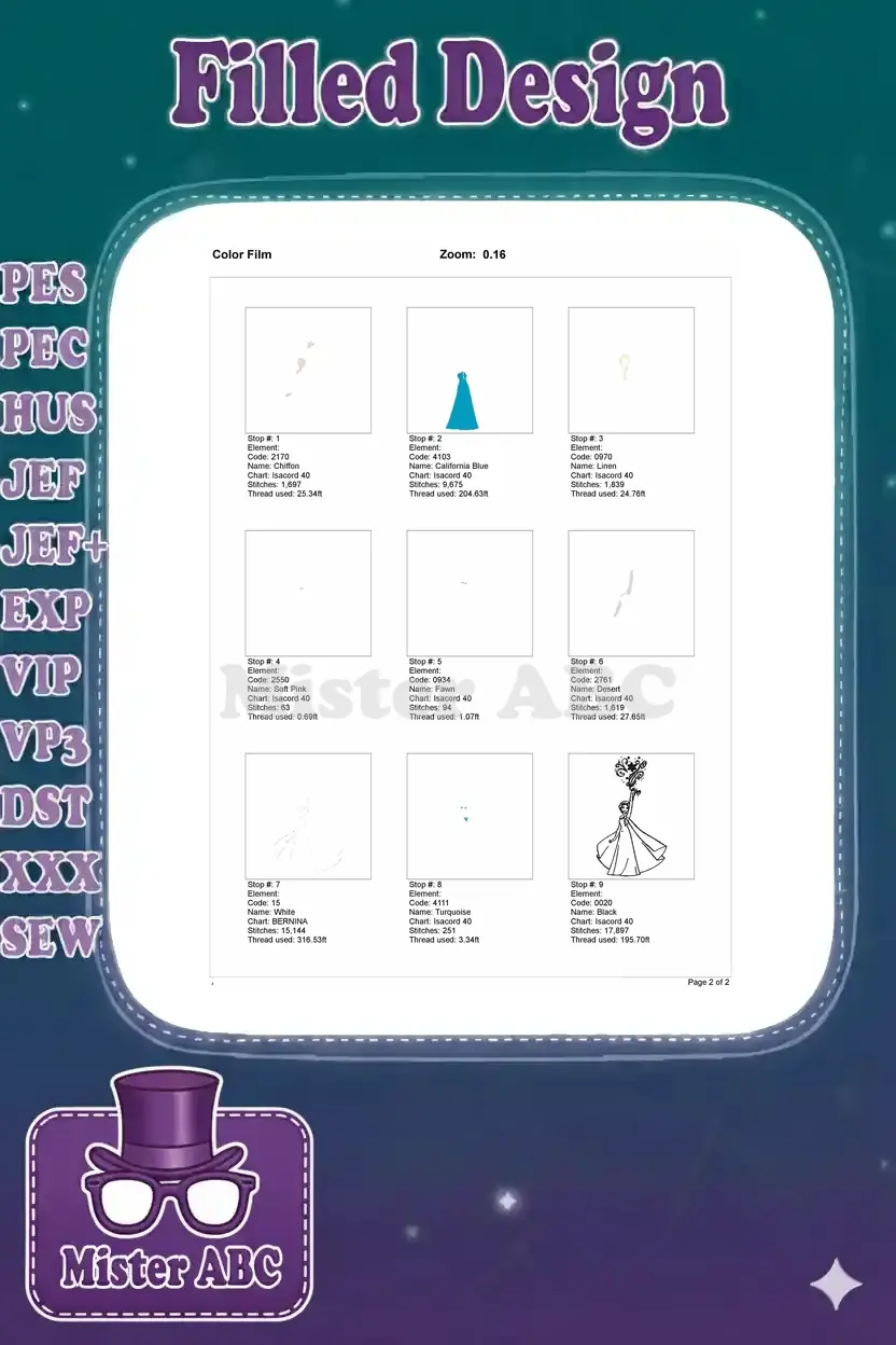 Color film breakdown of the Elsa embroidery design, showing individual stitch elements by color stops.