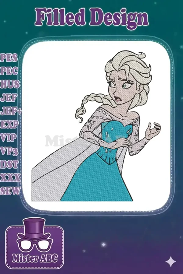 Elsa from Frozen in an embroidery design, depicted with a worried expression, light blue dress, and flowing blonde braid.