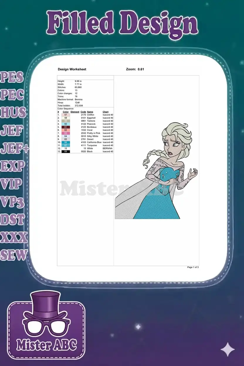 Embroidery design worksheet for Elsa, displaying dimensions, stitch count, color sequence, and thread details for machine use.