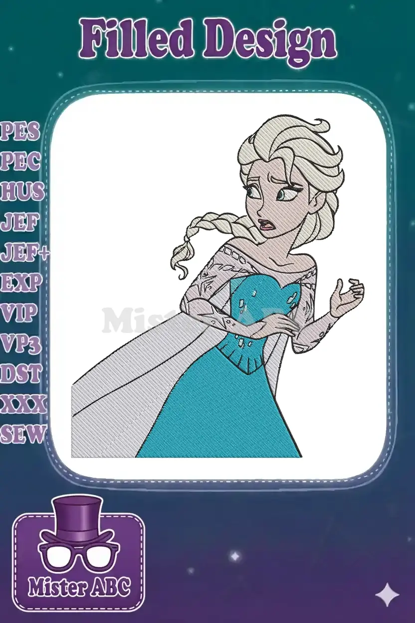 Elsa from Frozen in an embroidery design, depicted with a worried expression, light blue dress, and flowing blonde braid.