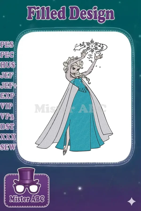 Embroidery of Elsa from Frozen, dressed in her iconic blue gown, casting ice magic with sparkling snowflakes.
