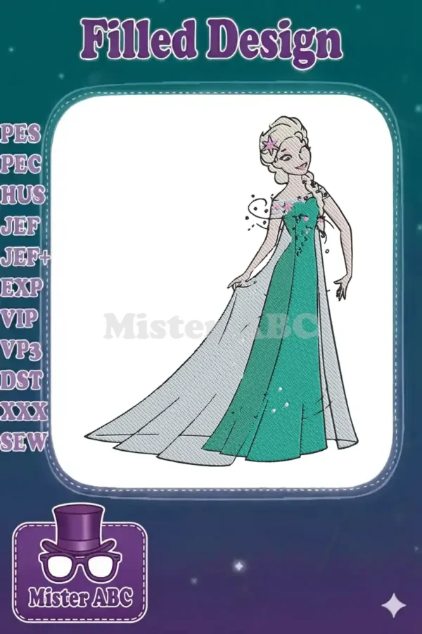 Full-body embroidery design of Queen Elsa from Frozen, in her shimmering ice gown with flowing cape and elegant pose.