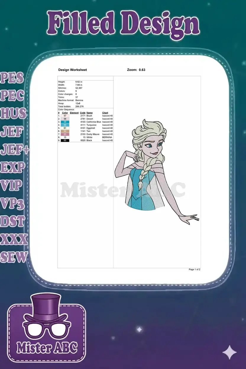 Elsa embroidery design worksheet, detailing dimensions, stitch count, color sequence, and thread codes for stitching.