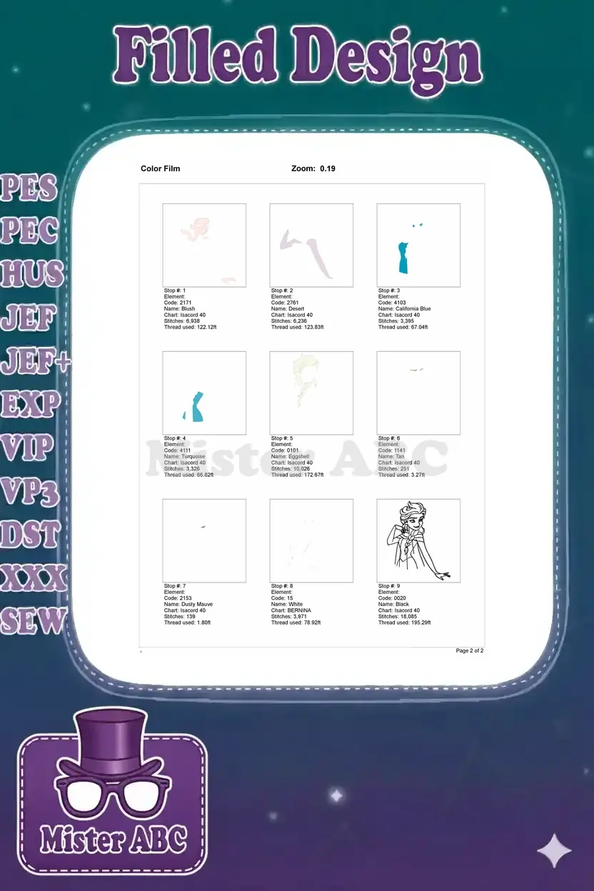 Color film for Elsa embroidery, showing individual stitch-out steps and thread usage for each of the 9 colors.