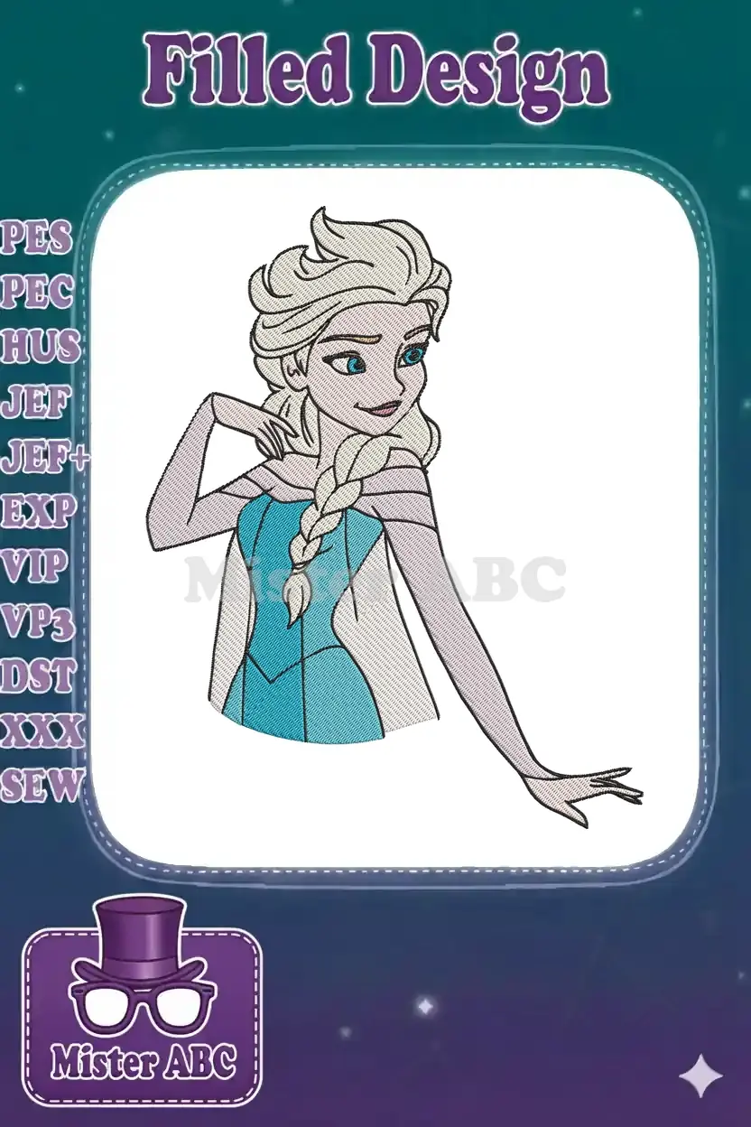 Elsa from Disney's Frozen, an elegant embroidery design with intricate details and a graceful pose, ready to stitch.