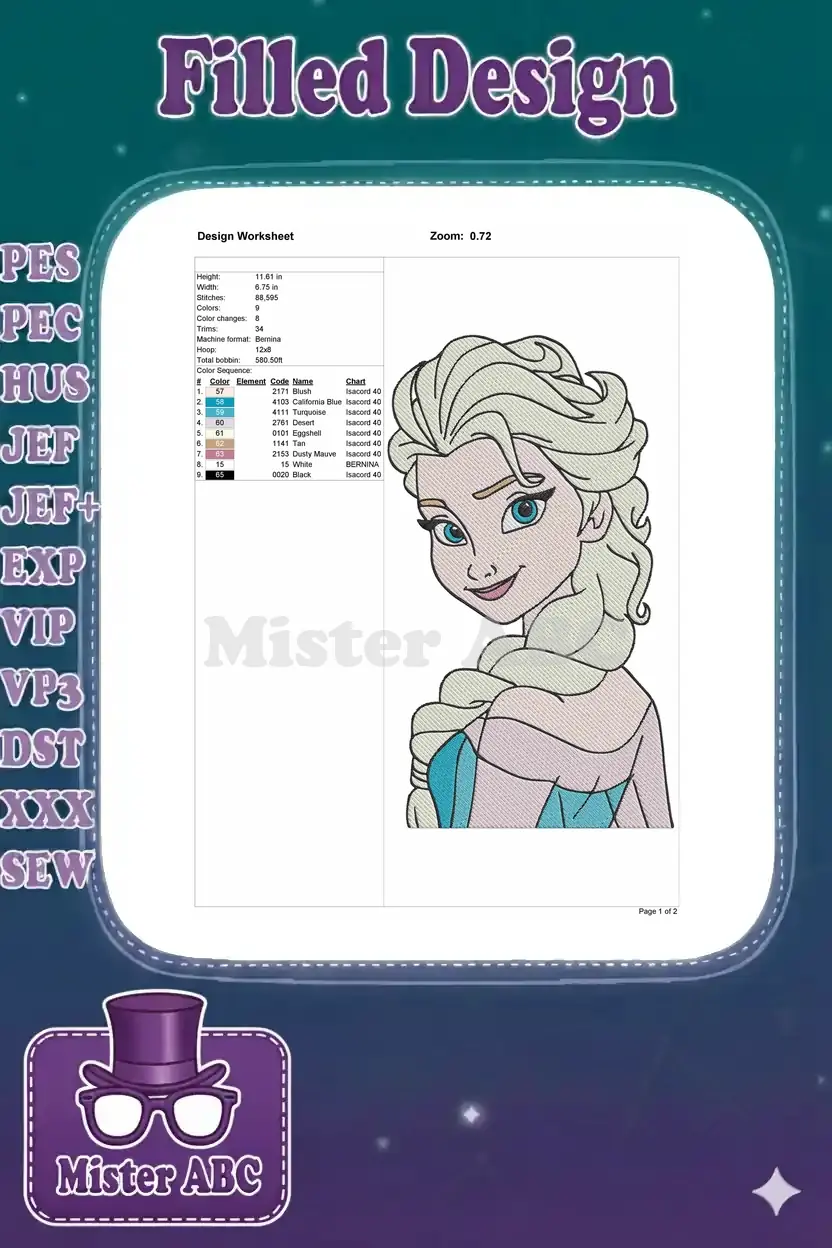 Detailed embroidery design worksheet for Elsa, showing dimensions, stitch count, color sequence, and machine info.