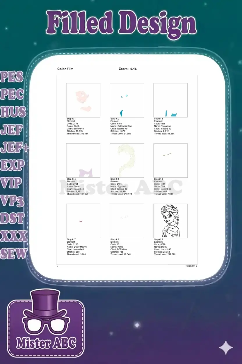 Color film sequence showing the step-by-step embroidery process for the Elsa design, detailing each color layer.