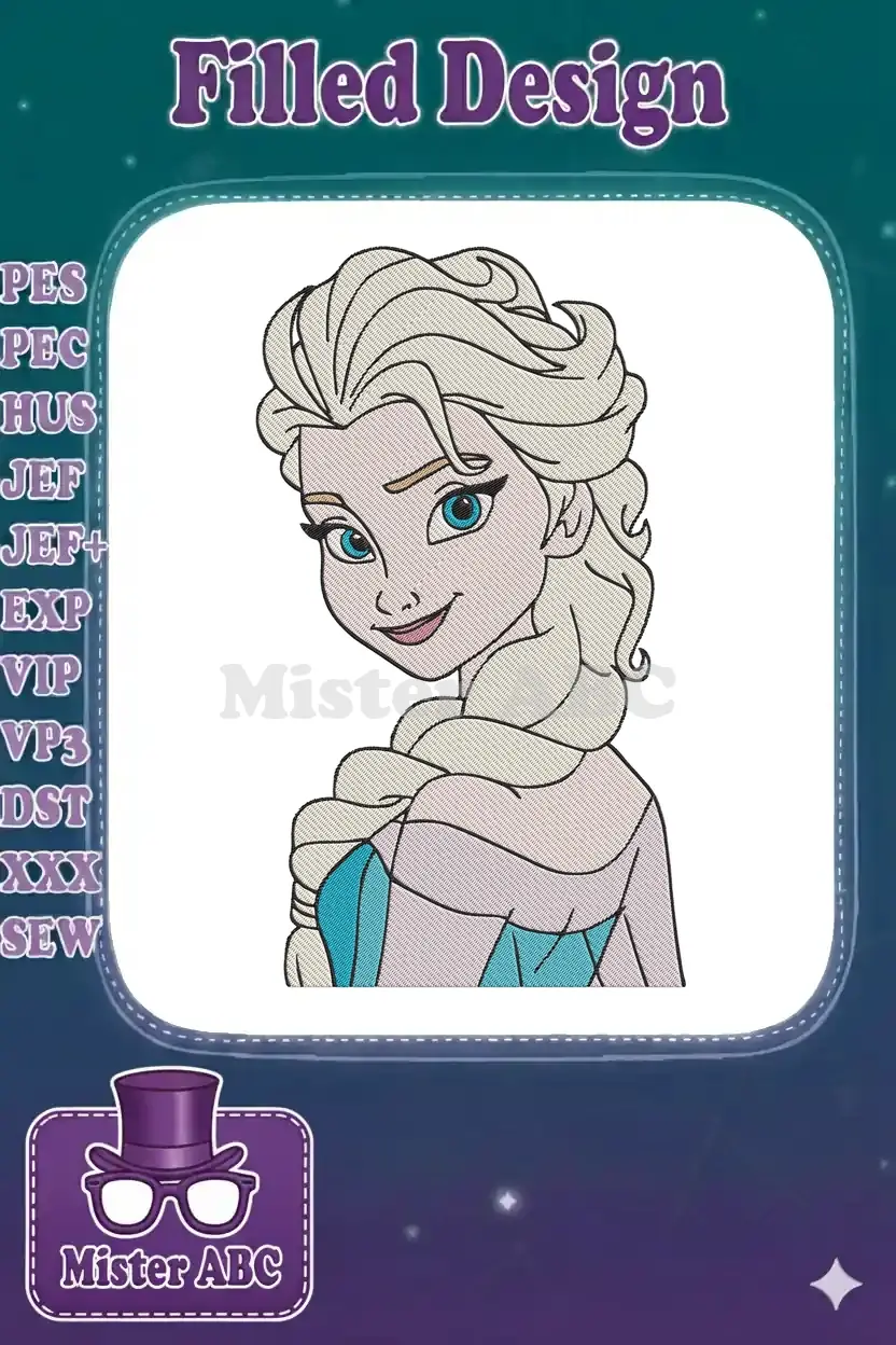 Close-up of a charming Elsa embroidery design, featuring her iconic blonde braid, blue eyes, and serene expression.