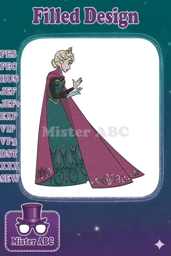 Elsa from Frozen embroidery design, featuring her regal teal dress, purple cape, and golden crown in a detailed stitch.