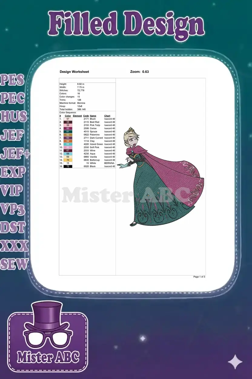 Detailed design worksheet for the ice queen embroidery, showing dimensions, stitch count, colors, and thread chart.