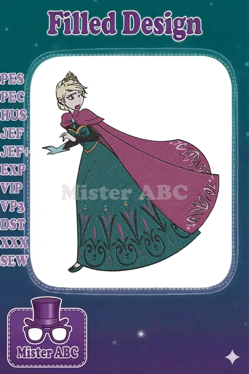 A detailed embroidery design of Queen Elsa from Disney's Frozen, wearing her iconic teal dress and flowing magenta cape.