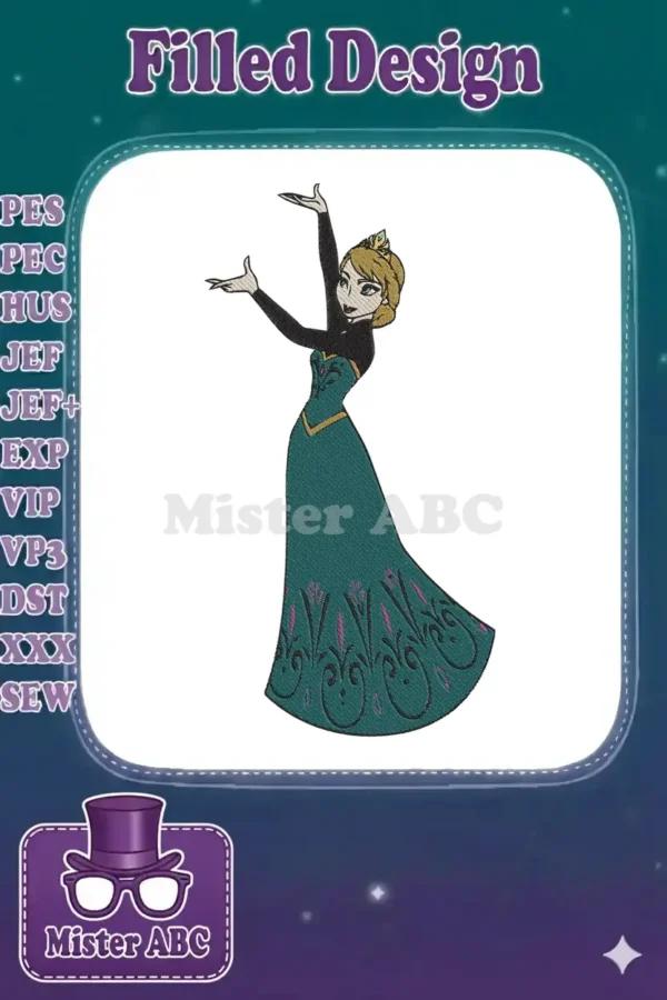 Elegant Elsa embroidery design, perfect for adding a touch of magic to apparel and decor. Features intricate details.