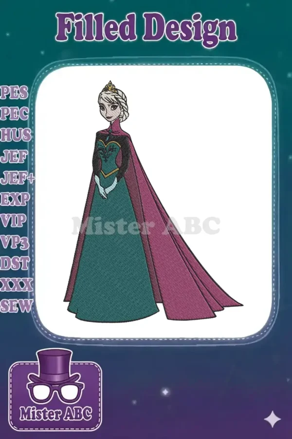 Full-length embroidery design of Queen Elsa from Frozen in her elegant teal coronation gown and purple cape.