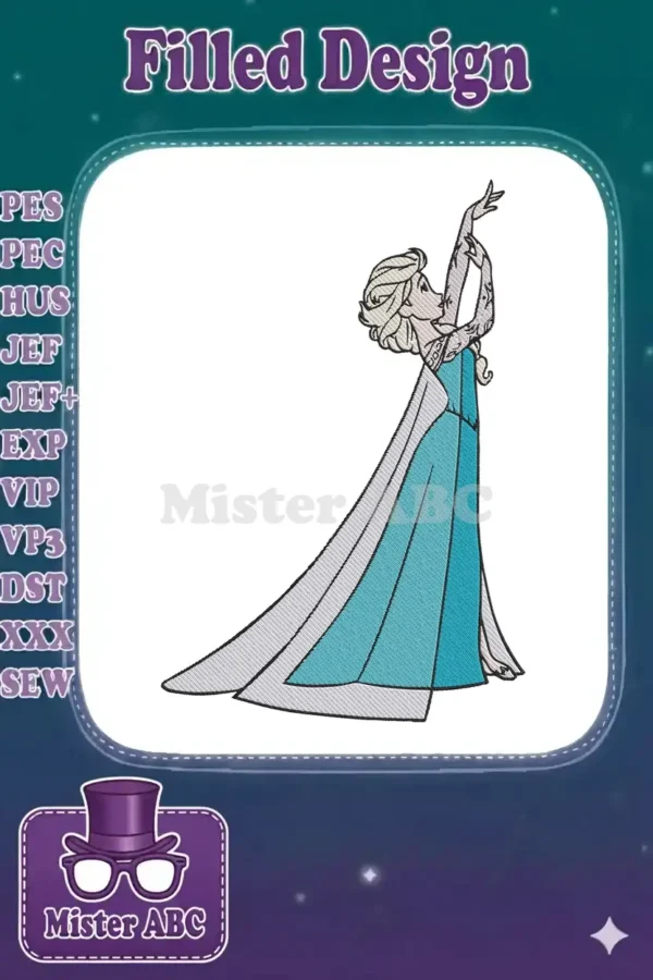 Elsa from Frozen in an elegant, dynamic pose, featuring her iconic ice gown with intricate embroidery details.