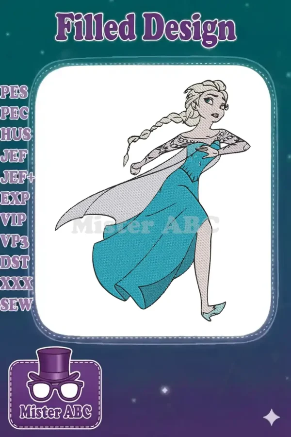 Elsa from Frozen embroidery design, dynamically posed in her iconic teal dress with flowing cape and braid.