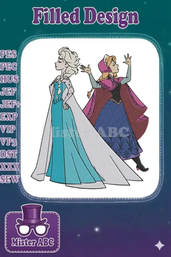 Full-body embroidery design of Disney's Elsa in her ice dress and Anna in her winter attire, standing side-by-side.