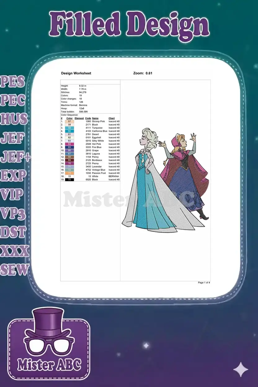 Embroidery design worksheet displaying technical specifications, thread color chart, and a small preview of the design.