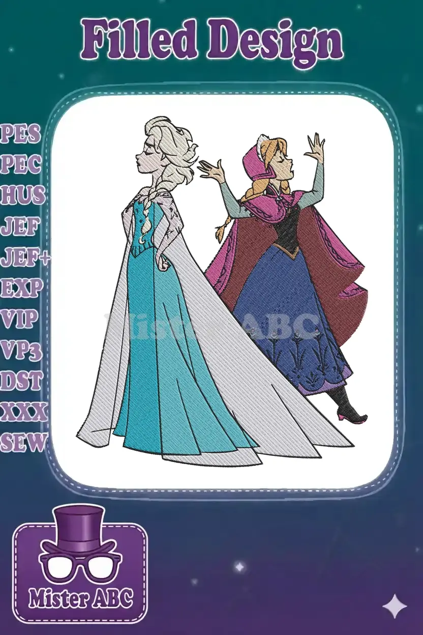Full-body embroidery design of Disney's Elsa in her ice dress and Anna in her winter attire, standing side-by-side.