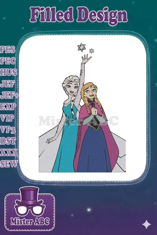 Elsa and Anna from Disney's Frozen, smiling together, with Elsa raising her hand to conjure glittering snowflakes.