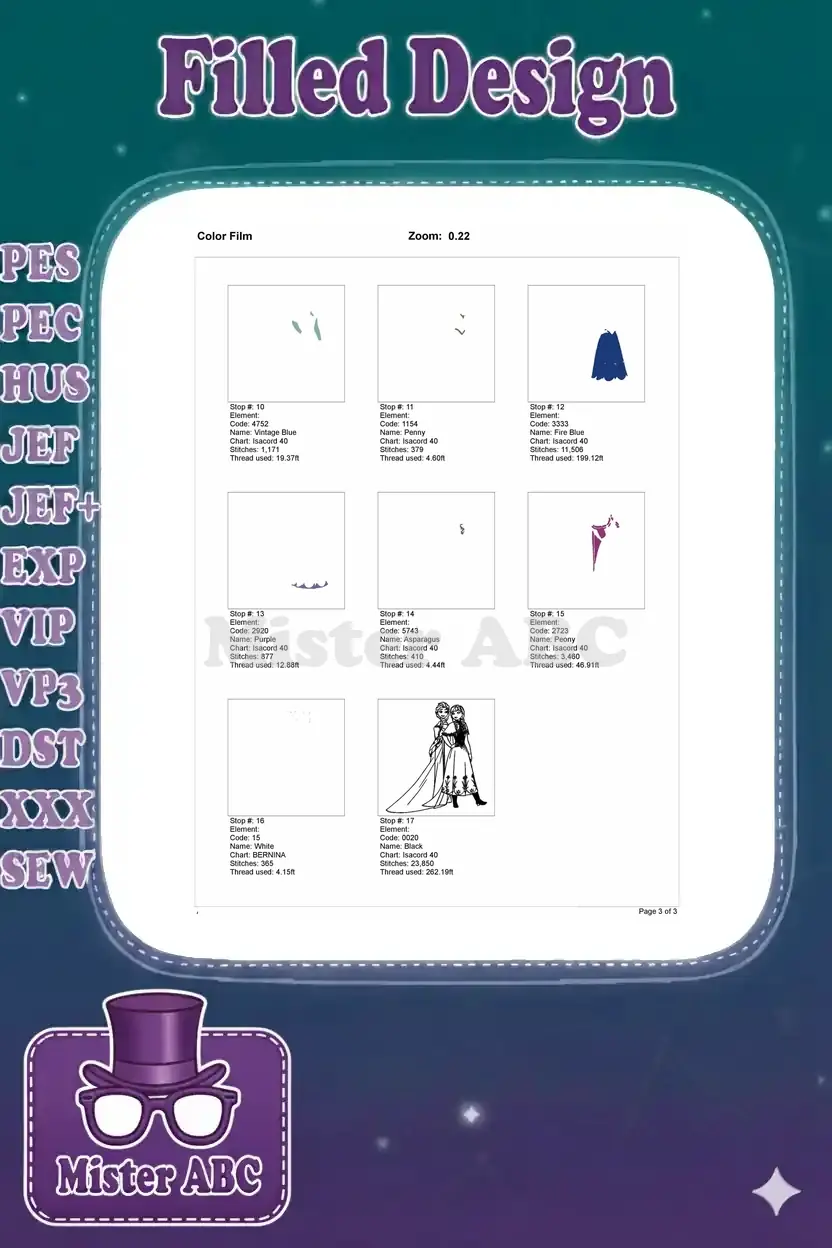 Second page of the embroidery color film, displaying the remaining color stops and final stitch details.