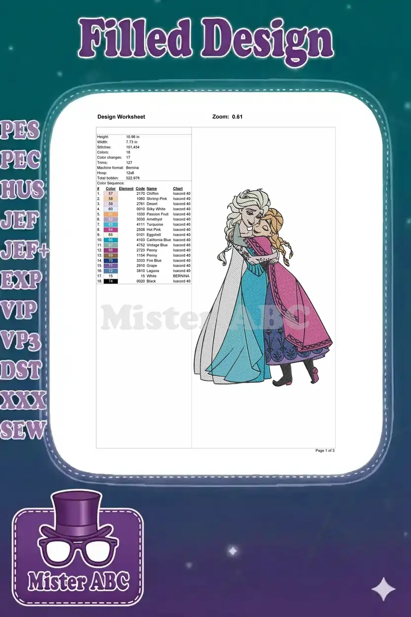 Embroidery design worksheet detailing dimensions, stitch count, color sequence, thread names, and machine information.