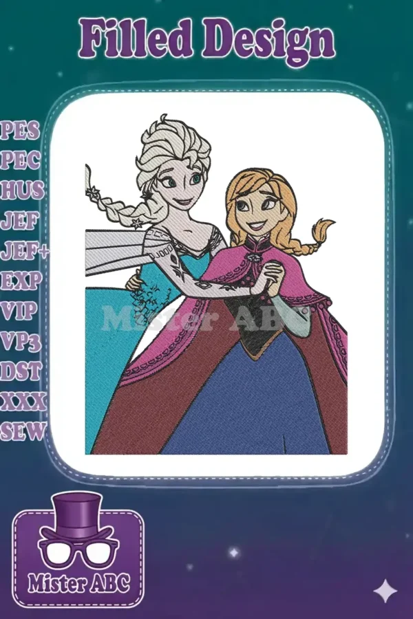 Detailed embroidery design showcasing Disney's Elsa and Anna embracing, featuring vibrant colors and intricate stitching.