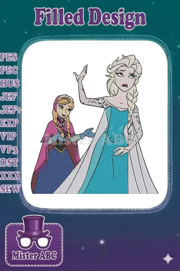 Elsa and Anna from Disney's Frozen in a detailed embroidery design, showcasing vibrant colors and intricate stitching.