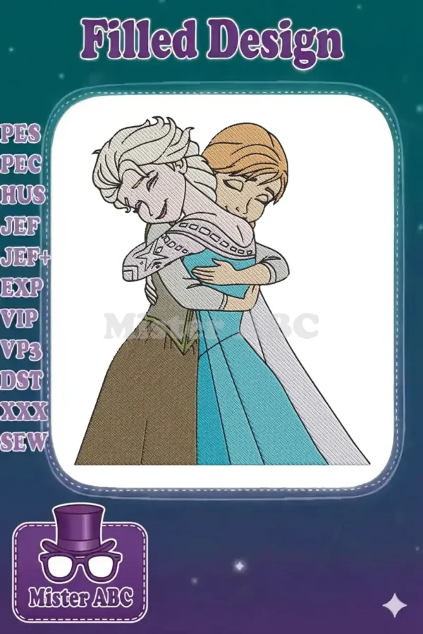 Elsa and Anna from Frozen share a tender embrace, showcasing a heartwarming digital embroidery design for fans.