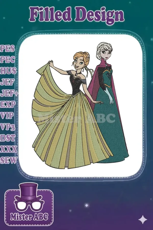 Detailed embroidery design showcasing Disney's Anna and Elsa, with Anna in her green dress and Elsa in her teal gown.