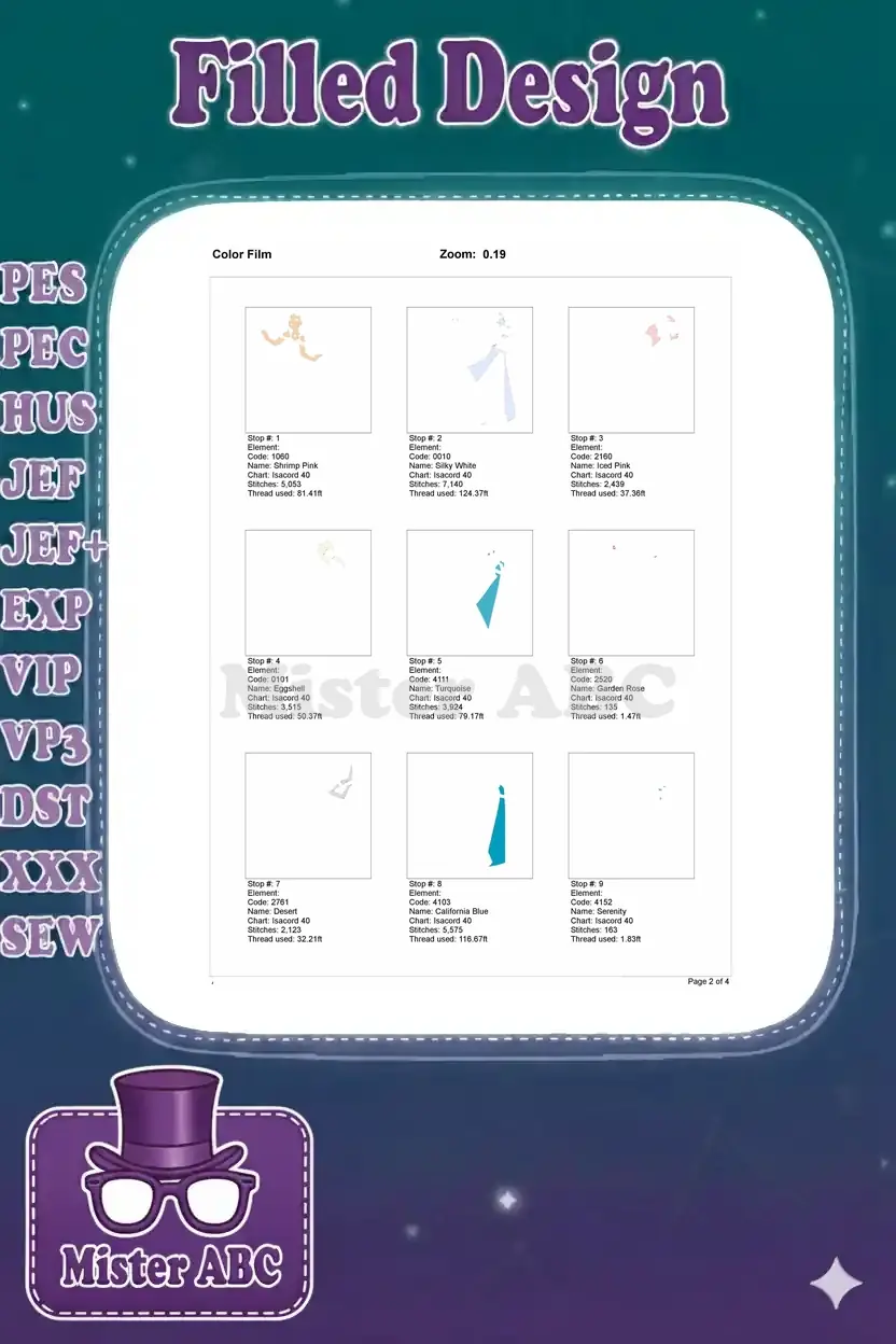A color film sequence showing the first nine color stops of the Anna and Elsa embroidery design, detailing stitch order.