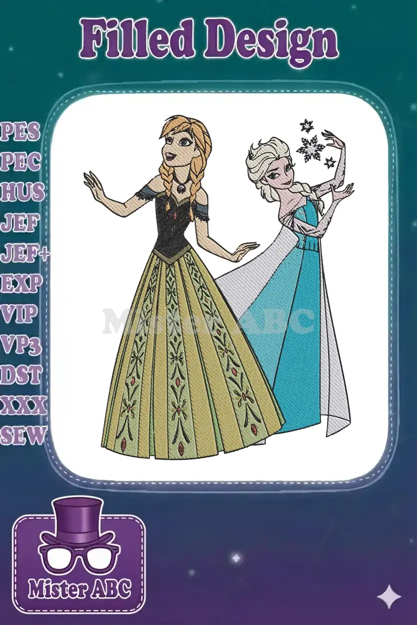 A vibrant embroidery design featuring Anna and Elsa from Disney's Frozen, showcasing their iconic dresses and magical powers.