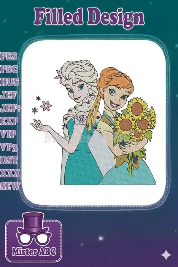 Elsa and Anna embroidery design from Frozen, showing Elsa with snowflakes and Anna with sunflowers, on a white background.