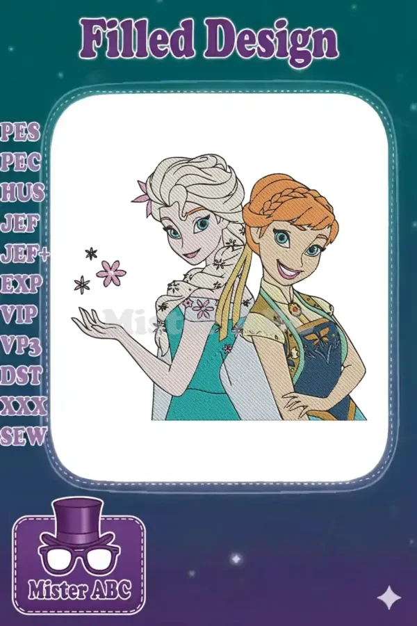 Elsa and Anna from Disney's Frozen stand back-to-back, smiling, with Elsa's ice powers visible.