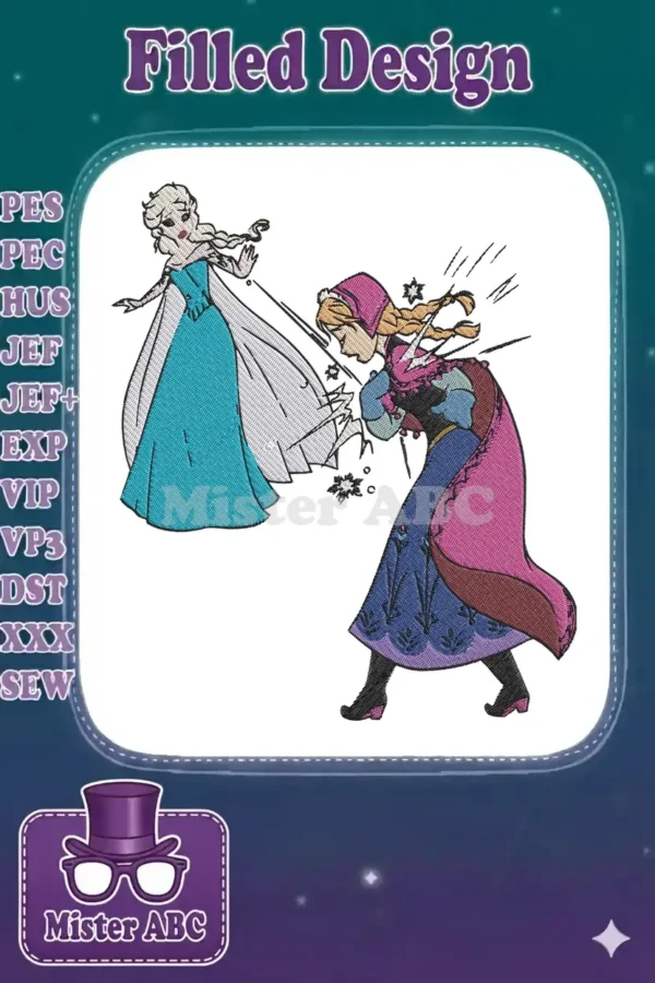 Dynamic embroidery design featuring Elsa using her ice powers against Anna, both from Disney's Frozen.